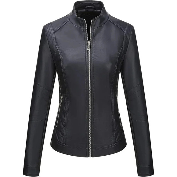 Women Black Faux Leather Casual Jacket Moto Biker Short Coat - Picture 5 of 9